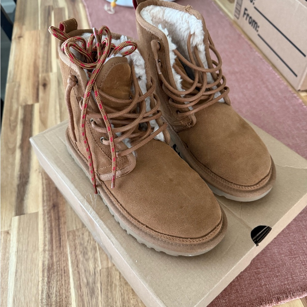 UGG Tan Suede Winter Boots with Red Laces
